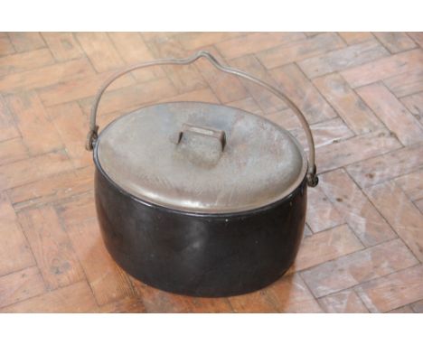 A Judge Band 4 Gallon enamel camp fire pot and cover, with swing handle, 40cm