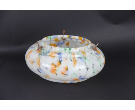 An Art Deco ceiling light bowl, with mottled orange, blue, white and green details, three suspension hooks 26cm diameter 