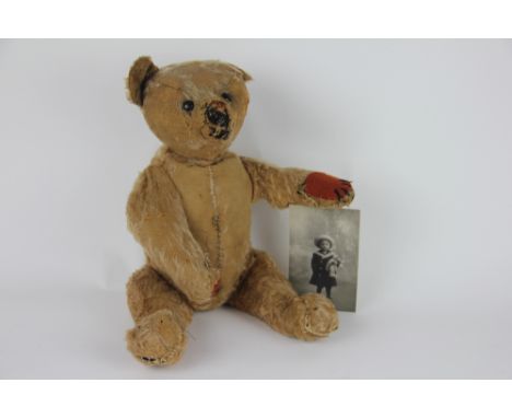 A Steiff Bear circa 1910, the pale gold mohair teddy bear with boot button eyes and horizontally stitched nose, left ear with