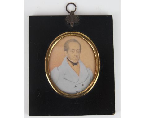 English School - 19th Century,
pencil and gouache miniature,
portrait of a gentleman in a blue coat,
7.5cm x 6cm,
with six ha