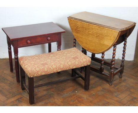 A light oak gateleg table, on barley twist legs, 70cm x 77cm; a smaller oak table on barley twist legs; a painted pine single