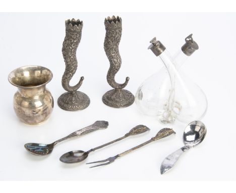 A pair of late 19th or early 20th century Indian white metal bud vases, 14.5cm, together with a small pot marked 925, a glass