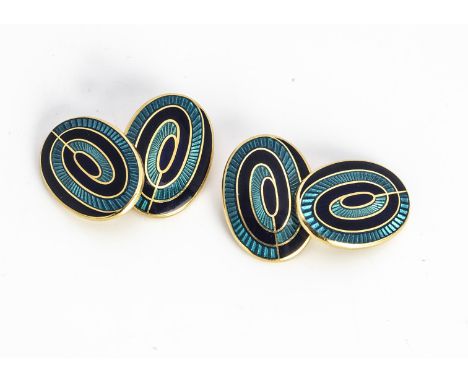A pair of 18ct gold and enamel oval cufflinks, the blue and turquoise design, with engine turned design, marked to reverse st