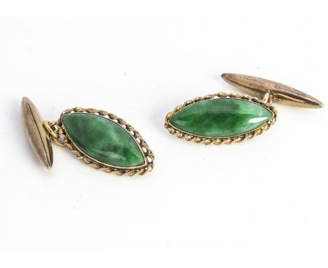 A pair of continental jadeite jade and yellow metal cufflinks, navette shape with crimped rim, 2.2cm by 1cm marked 18ct to re