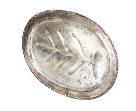 A mid 20th century Japanese white metal meat dish by K. Uyeda, 36.2 ozt and 45cm wide, feet bent, marked to underside