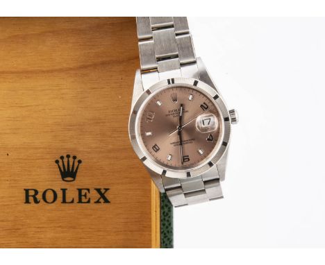 A modern Rolex Date Oyster Perpetual stainless steel gentleman's wristwatch, 34mm, ref. 15210, with rose gold coloured dial w