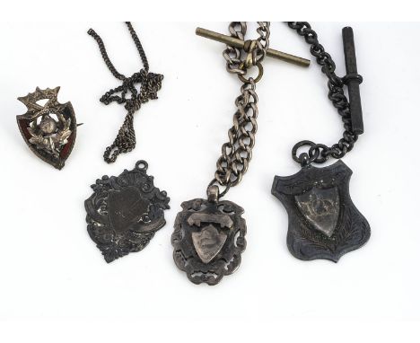 Two early 20th century silver watch chains, together with a silver fob, chain necklace and Scottish brooch (5)