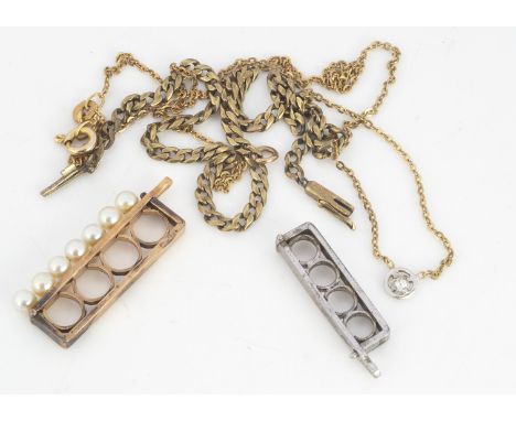 A Mikimoto 14k white gold pearl clasp, another in yellow metal without Mikimoto mark, a 14ct diamond pendant and chain and a 