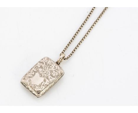 A 19th century cushion shaped locket, with yellow metal front and back on a fine box linked chain, 25 cm together, 6.7g in to