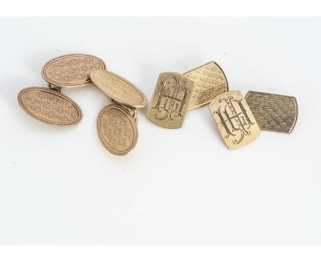 Two pair of 9ct gold cufflinks, one rectangular shape the other oval, engraved monogram and engine turned 8.7g (4)