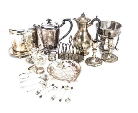 A collection of silver and silver plate, including a set of six silver coffee bean spoons, a small child's bangle, two silver