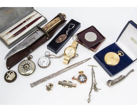 A mixed lot of collectables, including a modern silver paper knife, a silver plated bosun's whistle, a continental silver poc