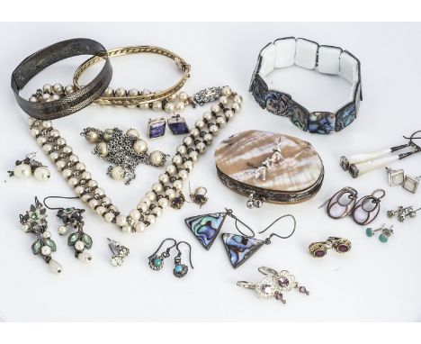 A 9ct gold bangle,  9.7g (af) together with a collection of costume jewels including a MOP purse and other items