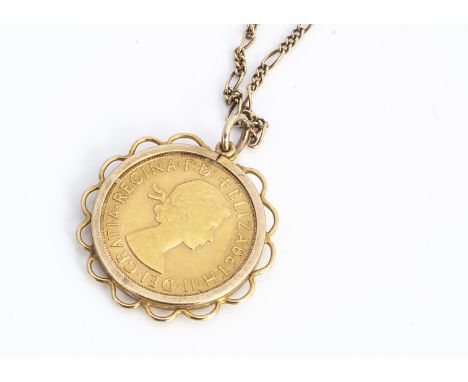 An Elizabeth II full sovereign mount and chain, dated 1965, crimped rim with curbed linked chain, chain (af) 12g