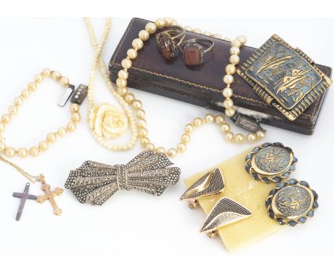 A collection of costume jewels, including a marcasite double clip brooch, a 9ct gold cross pendant and chain, simulated pearl