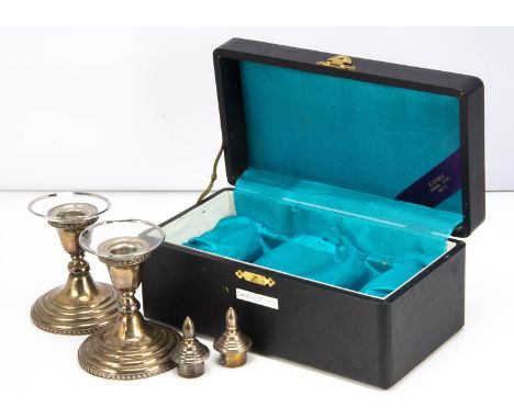 A pair of Art Deco period Japanese filled white metal short candlesticks from K. Uyeda, in fitted box, with glass scones and 