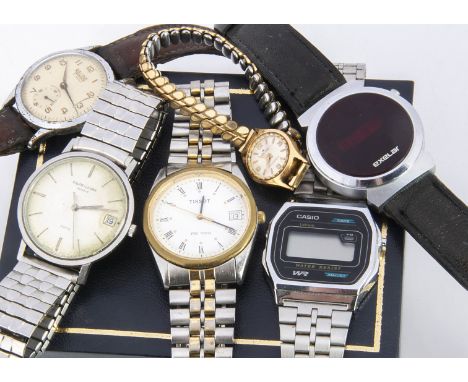 Six vintage and modern watches, including a Tissot PR 100 in box, a Favre-Leuba Datic, not working, a Relide, a Casio digital