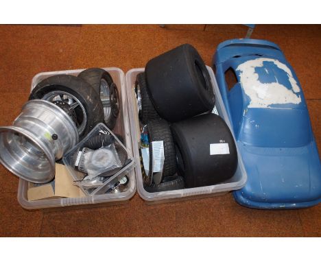 A Collection of Motor Parts for Large Model Vehicles to include Alloy Wheels, Various Parts and Body Shell (Body Shell 80cm)