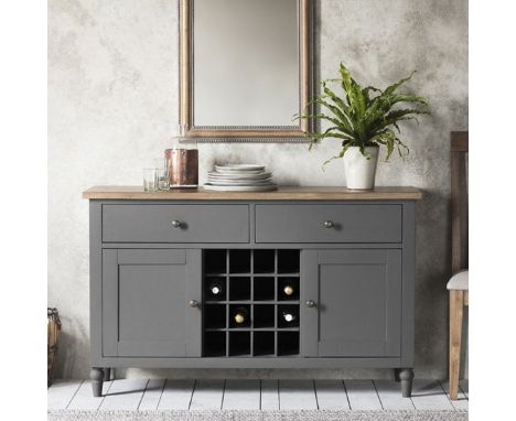 Cookham Large Sideboard In Grey Features A Built-In Wine Rack, 2 Cupboards, Each With A Shelf, And 2 Drawers For A Stylish, P