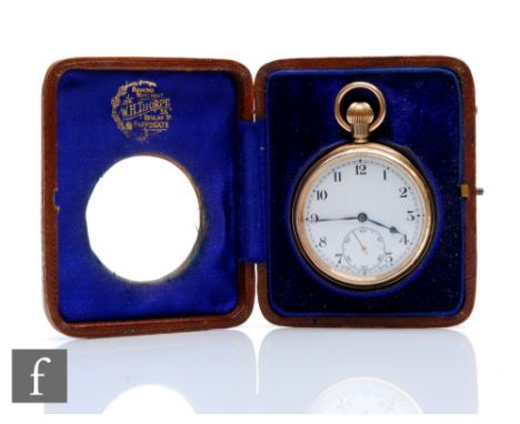 A gold plated crown wind, open faced pocket watch, Arabic numerals to a white enamelled dial, case diameter 52mm, engraving t