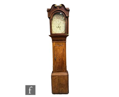 A 19th Century oak and mahogany crossbanded longcase clock, eight day striking movement, the painted dial enclosed by a pilla