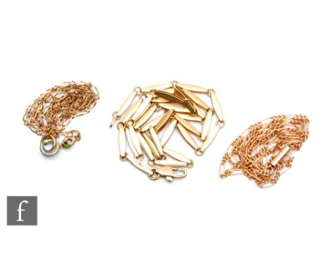 Three 9ct fancy link chains, total weight 12.5g, one terminating in metal bolt ring, various styles and lengths, damaged. (3)