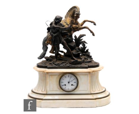 A 19th Century French spelter mantle clock modelled as a prancing horse being reined in by a classical figure, on a fluted st