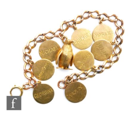 A 9ct open curb link bracelet with a 9ct penguin charm and eight 9ct discs attached, total weight 33g, terminating in bolt ri