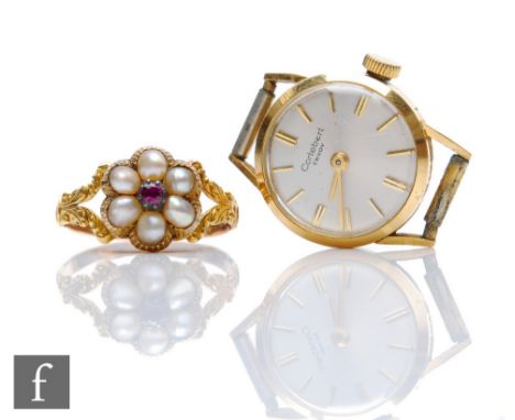 A mid 19th Century 18ct seed pearl and ruby cluster ring, central ruby within pearl surround all to split shoulders, weight 2