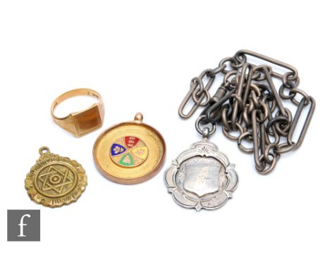 A small parcel lot of jewellery to include a 9ct fob and signet ring, total weight 14g, a silver Albert chain and fob, weight