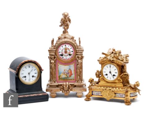 A 19th Century French gilt metal and painted pink porcelain mantle clock decorated with serenading lovers, eight day striking
