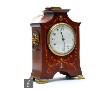 An Edwardian marquetry and mother of pearl inlaid mahogany mantle clock, height 21.5cm. 