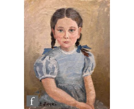 ESME E. JAMES (MID 20TH CENTURY) - Portrait of a little girl wearing a blue dress, oil on canvas, signed, framed, 51cm x 40cm