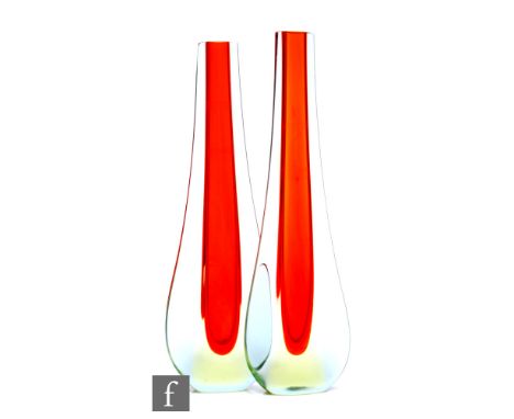 A pair of 1970s Italian Murano Sommerso glass vases, possibly Cenedese, each of compressed slender teardrop form cased in a g