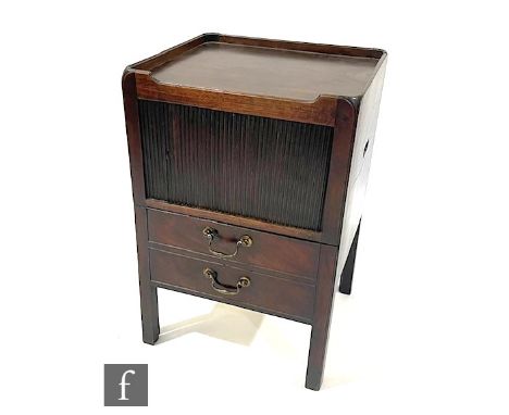 An early 19th Century mahogany Lancashire type commode, with shallow galleried top over twin pierced grip handles to the side