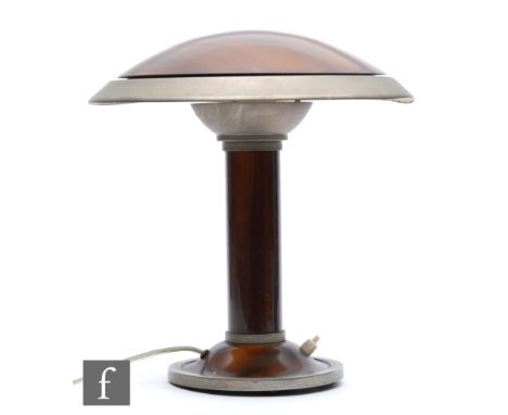 A 1920s/30s table lamp, with brown painted metal column and domed mushroom shade, height 37cm. 