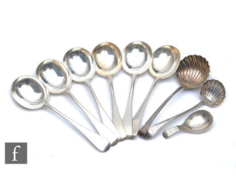 A set of six plain dessert spoons, London 1922, two sifter spoons and a caddy spoon Birmingham 1805, 15.5oz. 