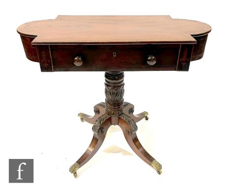 A 19th Century mahogany and rosewood cross-banded sofa table of cartouche outline, fitted with a single drawer to the apron w