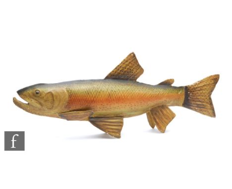An early 20th Century painted metal model of salmon with pierced dorsal fin, possibly to be used for shop display purposes, l