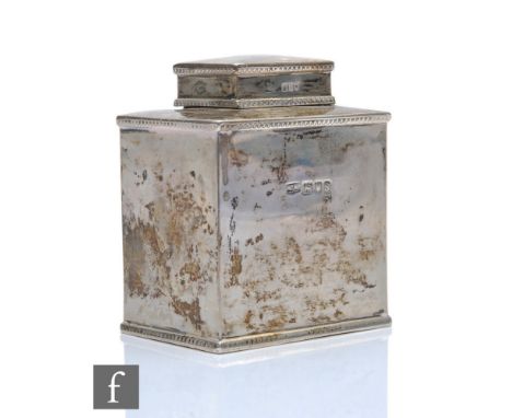 A hallmarked silver tea caddy of plain rectangular form, weight 5oz, height 8cm, London 1913, Mappin &amp; Webb Ltd. 