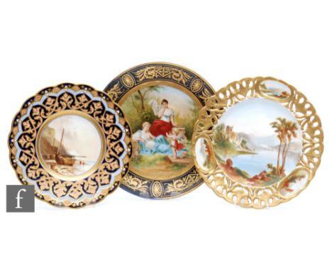 Three early 20th Century cabinet plates, the first in the style of Vienna titled Auf Frocher Schule (A Happy School) depictin