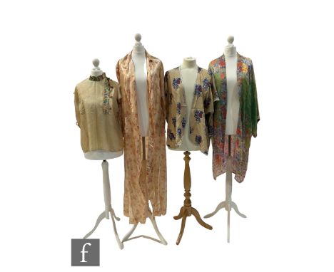 A 1920s green Japanese kimono robe with floral pattern, a 1920s pongee silk floral jacket, a 1920s Japanese pongee silk flora