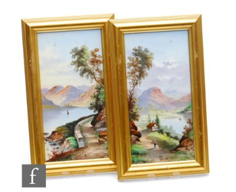 Two framed tile panels, each hand painted with a view of the Lake District, titled Ulleswater and Rhydal Water [sic], both 36