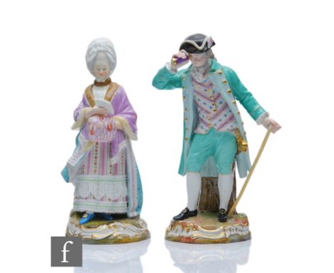 A pair of 19th Century Meissen figures modelled as the Racegoer and his companion, he dressed in a turquoise suit with patter