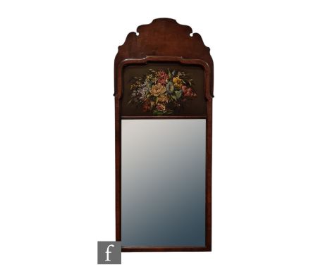 A George I style walnut shaped and framed wall mirror, painted with a floral panel of flowers above a rectangular plate, 80cm