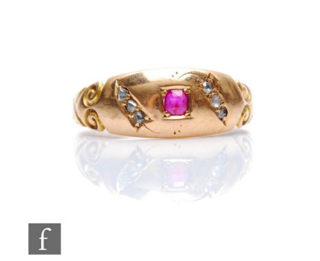 A late 19th Century 15ct hallmarked gypsy ring set with six diamonds and a central ruby, weight 2.2g, ring size N, Chester 18