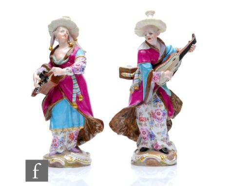 A pair of 19th Century Meissen figures modelled as Malabar Musicians, after the 18th Century original&nbsp;modelled by Friedr