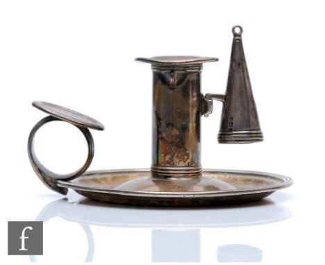 A George III hallmarked silver miniature chamber stick and conforming snuffer, each with reeded details to borders, diameter 