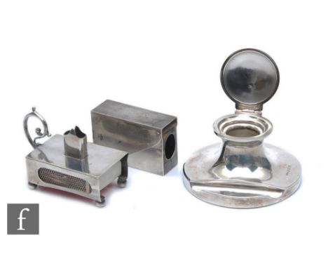 Three items of hallmarked silver to include an ink well, a match box cover/night light and a further match box cover, various