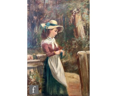 DAVID WOOD HADDON (1859-1914) - A girl at the garden gate, oil on board, signed, framed 45cm x 29cm, frame size 64cm x 49cm. 